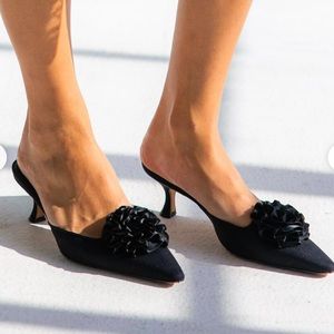 Manolo Blahnik Arianna Pom Pom kitten heel mule